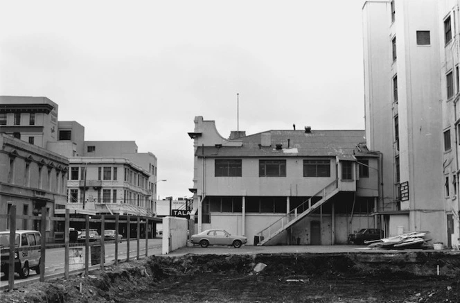 Demolition site and view of buildings on Courtenay Place, Wellington