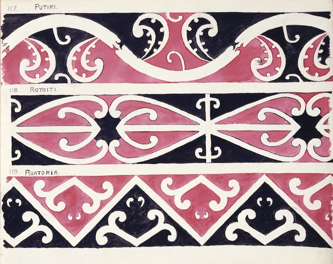 Godber, Albert Percy, 1876-1949 :[Designs for rafter patterns]. 117. Putiki; 118. Rotoiti; 119. Ruatoria. [1940-1942].