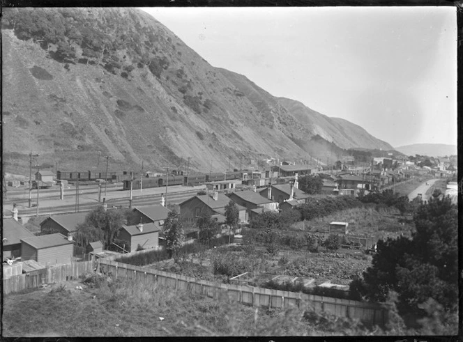 View of Paekakariki railway station and houses, looking south.