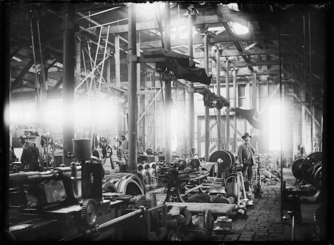 Petone Railway Workshops. Interior view of a portion of the Machine Shops.