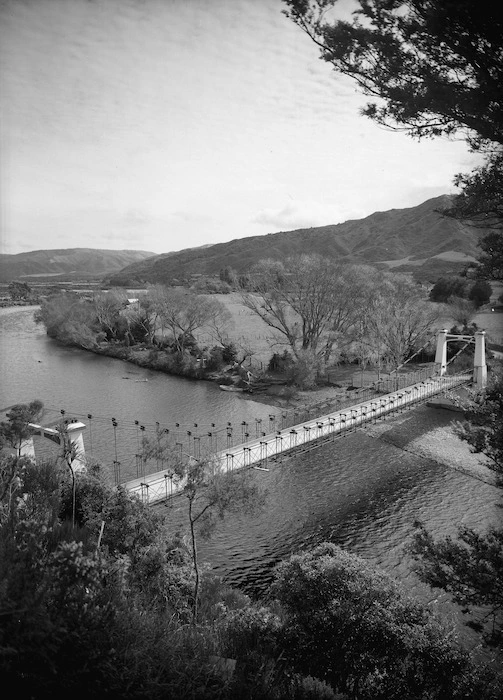 Overlooking the suspension bridge over the Hutt River at Maoribank, Upper Hutt, and the Totara Park area