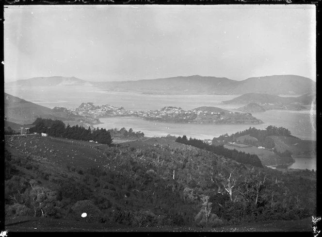 View across hills to Port Chalmers and Otago Harbour beyond.