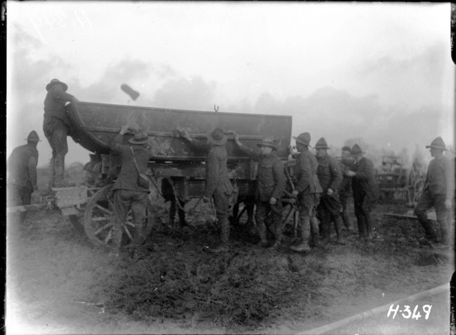 World War I New Zealand engineers loading a pontoon, Chateau Segard, Belgium