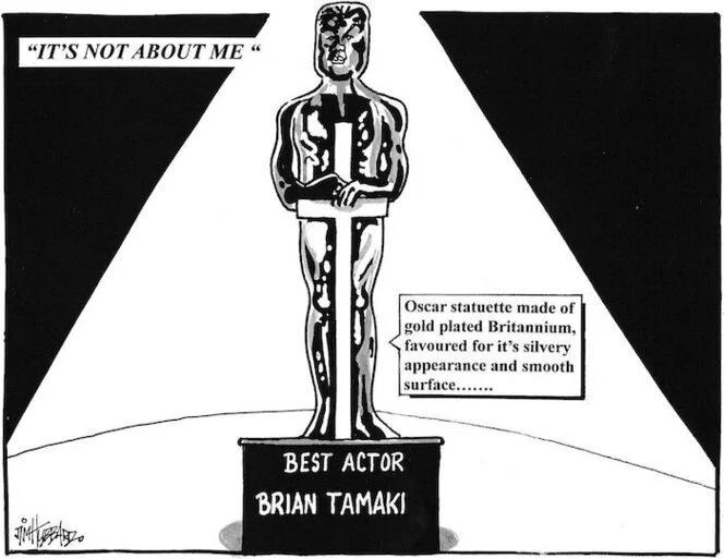 "It's not about me." Best actor Brian Tamaki. Oscar statuette made of gold-plated Britannium, favoured for it's silvery appearance and smooth surface ..." 8 March 2010