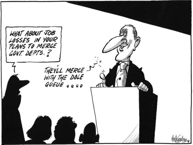 "What about job losses in your plan to merge govt. depts?" "They'll merge with the dole queue ..." 9 March 2010