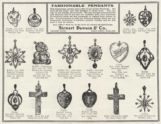 Stewart Dawson & Company :Fashionable pendants. This illustration shows only a few of our lovely pendants. The Weekly Graphic and New Zealand Mail for February 24, 1909, page 35, lower half.