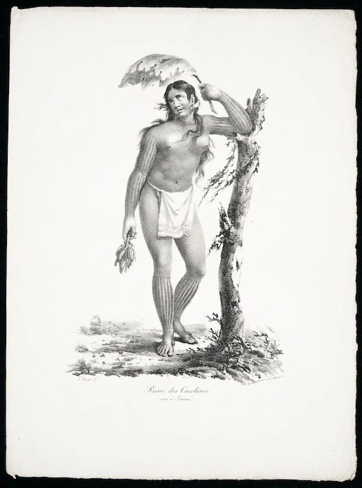 Arago, Jacques Etienne Victor, 1790-1854 :Reine des Carolines, vue a Tinian. Jes Arago fit. Lith de Langlume et de l'Abbaye N 4 [? From his "Promenade autour du monde, pendant les annees 1817, 1818, 1819 et 1820". Paris, Leblanc, 1822]