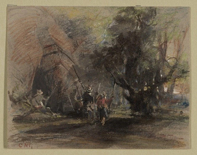 Martens, Conrad, 1801-1878 :[Explorers or Roundhead soldiers outside a cave, and near a tree. 1640s? Painted 1840s?]