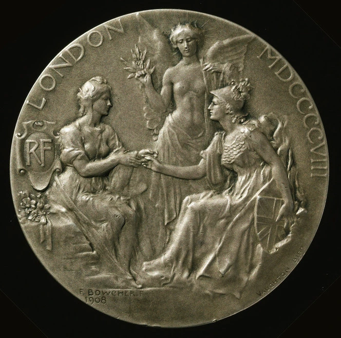 P Vaughton & Sons (Birmingham) :[Silver medal for violin & case, awarded at Franco-British Exhibition, London, 1908. Obverse].