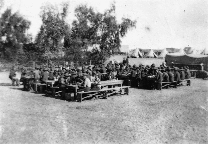 NZ Army Service Corps open air mess in the desert at Zeitoun, Egypt