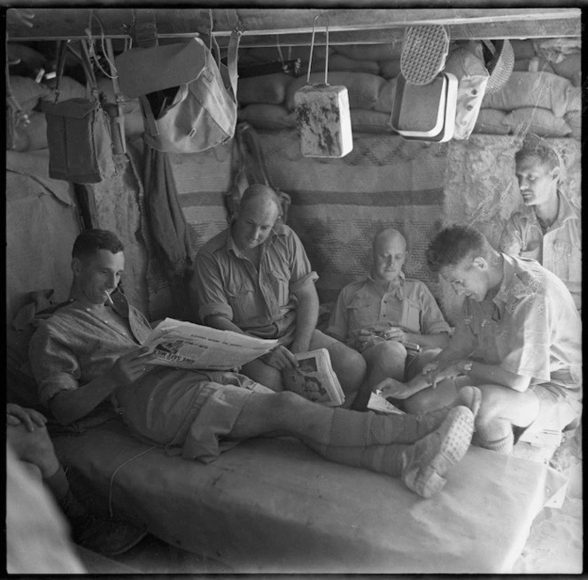 New Zealand World War 2 soldiers in a dug-out, Baggush, Western Desert, Egypt