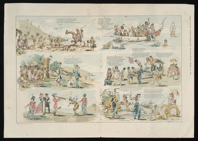 Artist unknown :"Oh! this is the land of the Maori and Moa ...". Supplement to the Auckland weekly news, Christmas number, December 12, 1896. Wilsons [sic] & Horton lith. Auckland [1896]