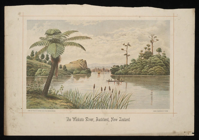 Ryan, Thomas, 1864-1927 :The Waikato River, Auckland, New Zealand. Litho. at the N.Z. Graphic and Star Printing Works, from a painting by T Ryan [1893]
