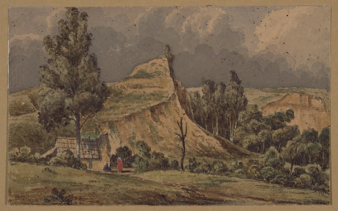 [Smith, William Mein] 1799-1869 :[Unidentified scene showing a whare or European house, possibly in the Wairarapa. 1850s?]