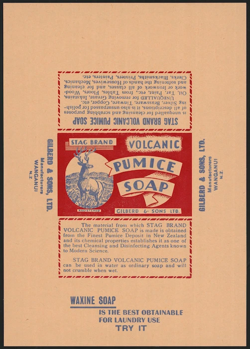 J B Gilberd & Sons Ltd :Gilberd & Sons Ltd. Stag brand volcanic pumice soap. [Wrapper. ca 1930s]