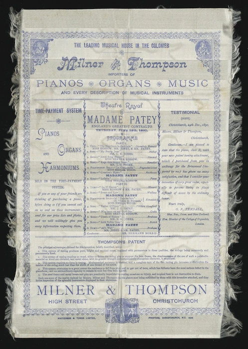 Theatre Royal Christchurch :Madame Patey, England's greatest contralto, Thursday June 18th, 1891. [Silk] programme. Whitcombe & Tombs Limited, printers, Christchurch, N.Z. 19683 [1891]