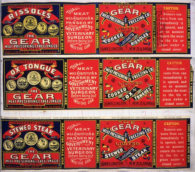Gear Meat Company :[Three labels for Cooked rissoles; Cooked ox tongues; and, Stewed steak]. Gear Meat Preserving & Freezing Company of New Zealand, Wellington New Zealand. [1890-1920].