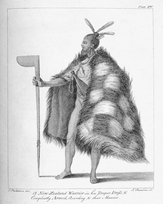 Parkinson, Sydney, 1745-1771 :A New Zealand warrior in his proper dress & compleatly armed according to their manner. Parkinson del. T. Chambers sc. [London, 1773]