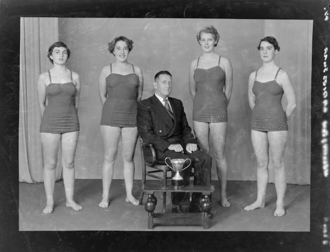 Wellington Ladies Surf Life Saving Club with cup, winners 4 man event