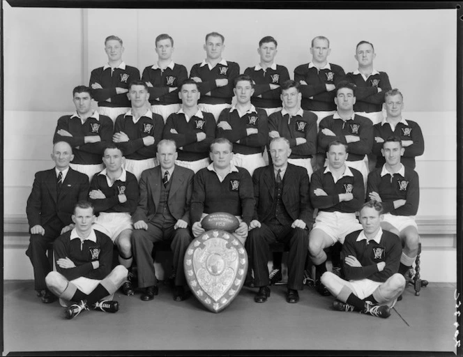 Rugby union representative team, with the Ranfurly Shield, Wellington, 1953