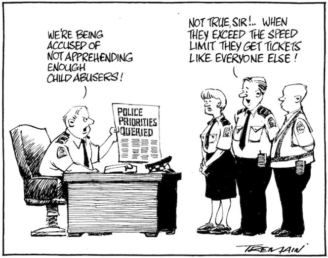 "We're being accused of not apprehending enough child abusers!" "Not true, sir!.. When they exceed the speed limit they get tickets like everyone else!" 19 May 2010