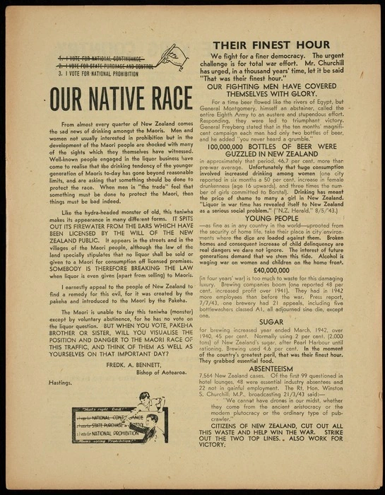 [New Zealand Alliance?] :Our native race; liquor in the King Country; protect the Maori race. [1943].