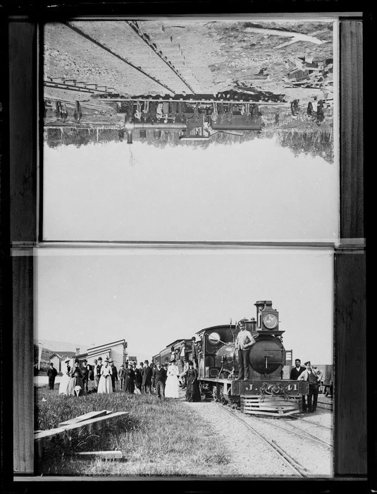 People standing next to a locomotive steam engine, unidentified location