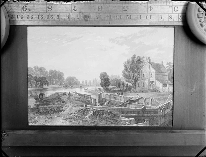 Copy photograph of a print showing a country scene with a lock, people on barges, and a house, by an unknown artist, ruler is underneath image and it was taken during Williams' European trip