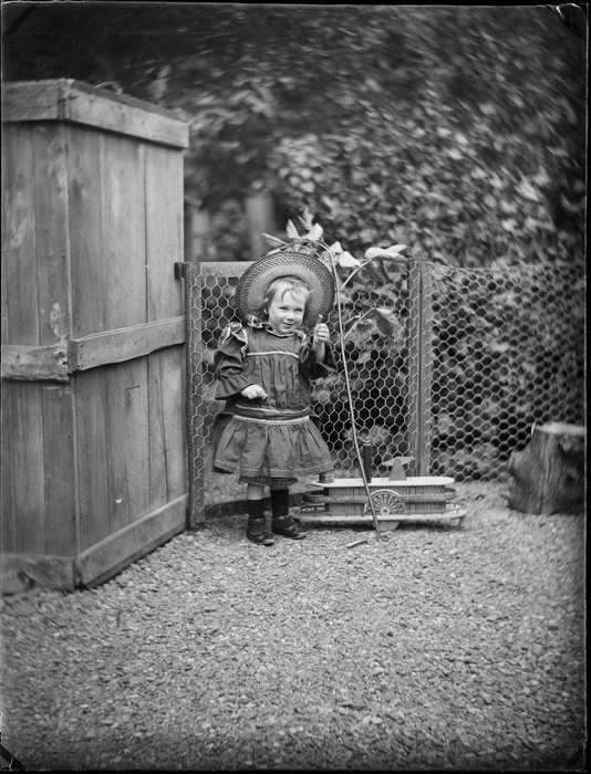 Portrait of a young Edgar Williams playing with a toy steamboat, in the yard at the family house, 'View Bank', Maitland Street, Dunedin