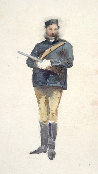 Hodgkins, William Mathew, 1833-1898 :[Soldier in uniform. 1880s?]