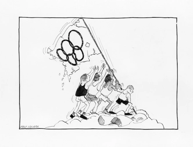 Heath, Eric Walmsley 1923-:[Hoisting the tattered Olympic flag] The Dominion, 20 July 1976.