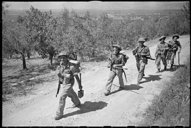 New Zealand infantry moving along the road towards Florence, Italy