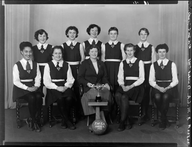 YWCA [Young Women's Christian Association] senior C grade basketball team with trophy