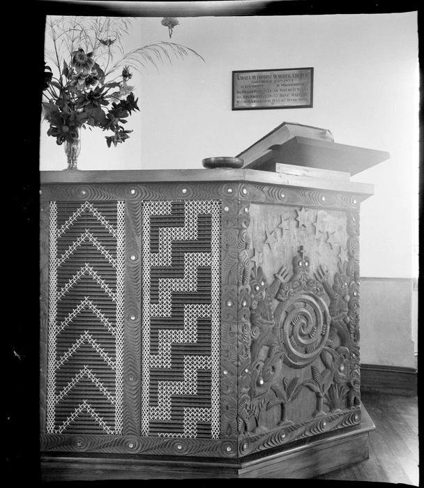 The Kawhia Methodist Memorial Church's lectern with Maori carvings and tukutuku panelling, Waikato Region