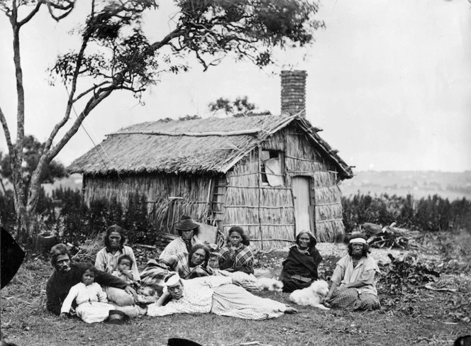 Unidentified Maori group alongside a raupo whare