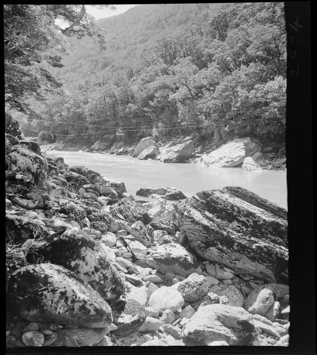 Flying fox over river, probably Fox Glacier, West Coast Region