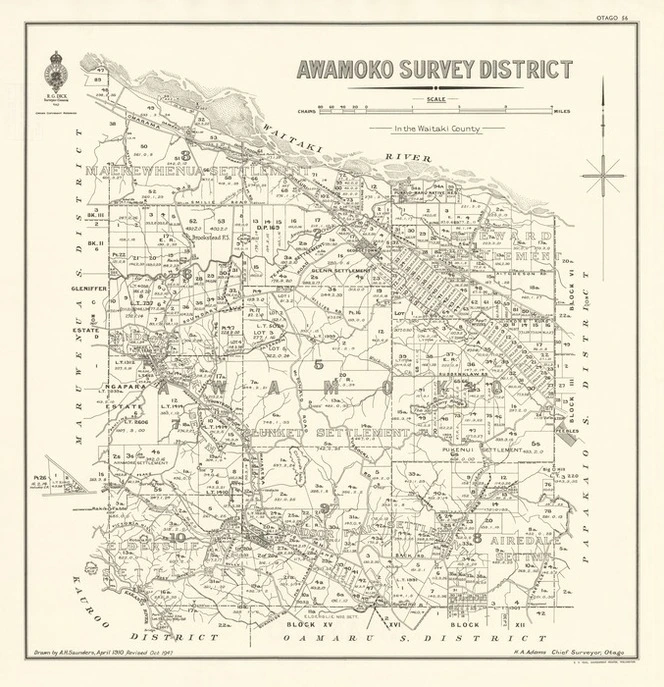 Awamoko Survey District [electronic resource] : in the Waitaki County / drawn by A.H. Saunders, April 1910.