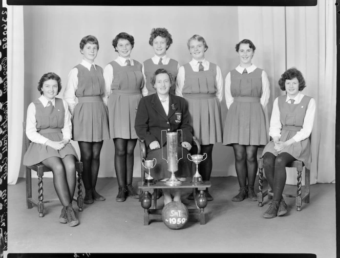 Onslow Basketball Club, Wellington, girls' basketball team of 1959, with trophies, 5th grade winners