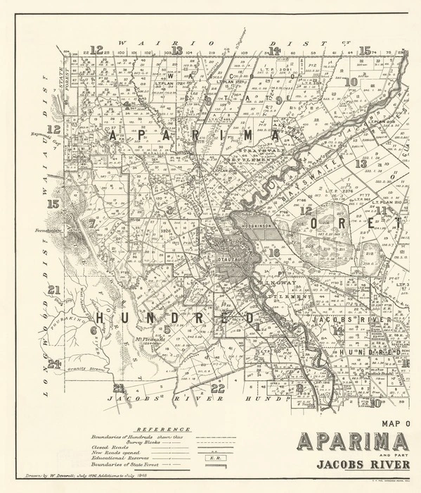 Map of Aparima, Oreti and part of Jacobs River Hundreds [electronic resource] / drawn by W. Deverell, July 1896.