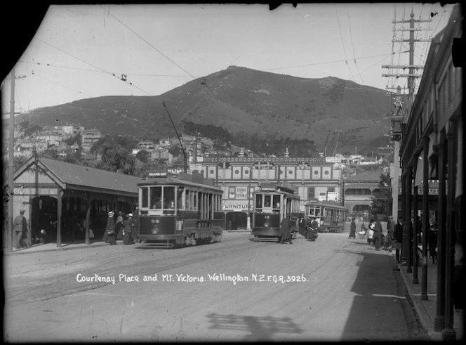 Electric trams, Courtenay Place, Wellington
