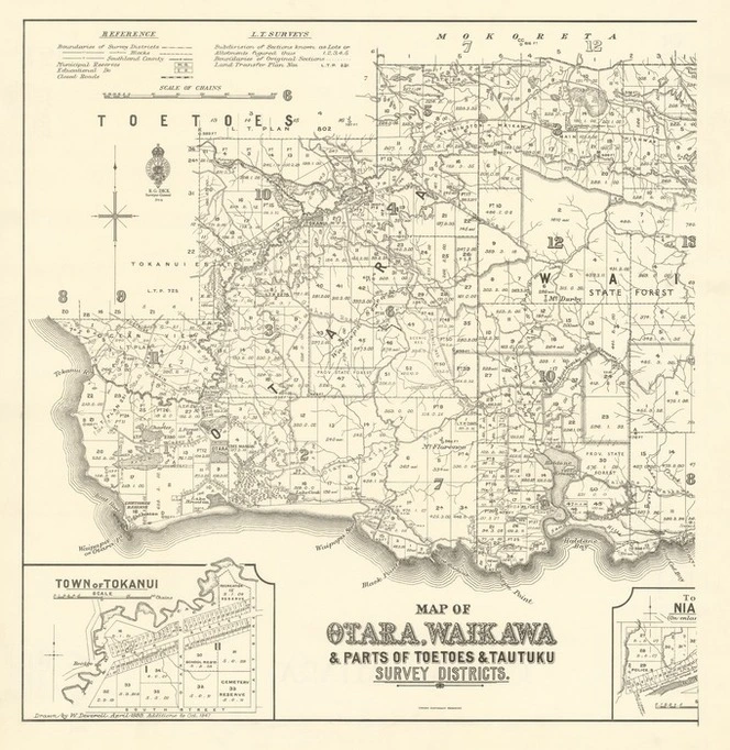 Map of Otara, Waikawa & parts of Toetoes & Tautuku survey districts [electronic resource] / drawn by W. Deverell, April 1899, additions to Oct. 1947.