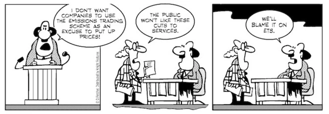 "I don't want companies to use the emissions trading scheme as an excuse to put up prices!" "The public won't like these cuts to services." "We'll blame it on the ETS." 1 July 2010