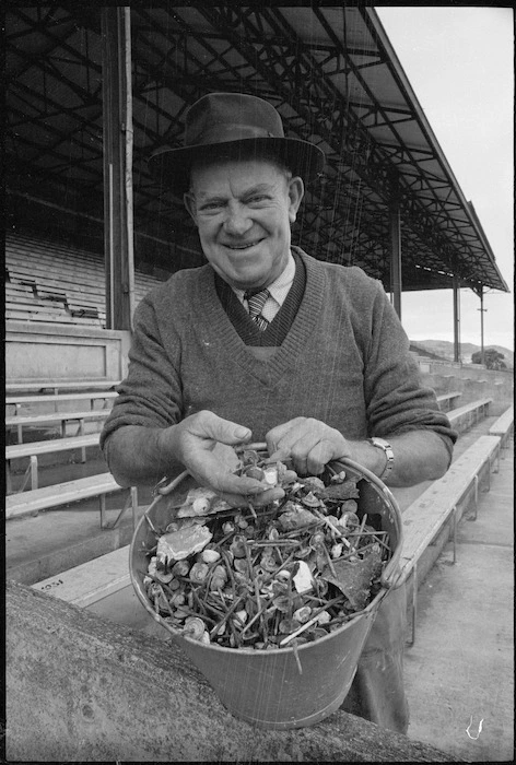 Mr W Malin, Athletic Park groundsman, with roofing nails collected from playing surface after storm
