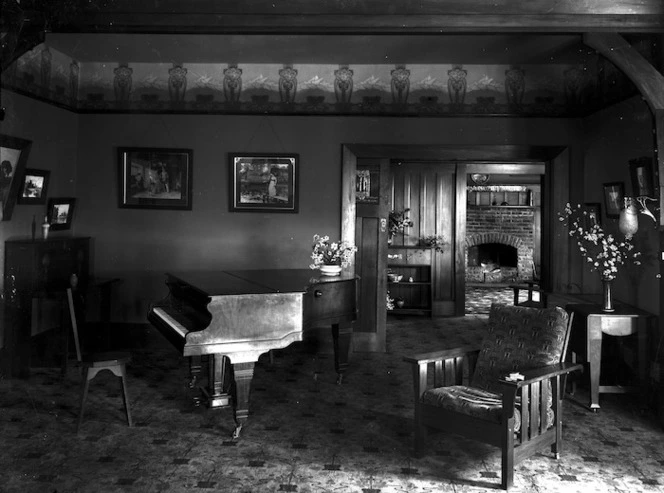 England Brothers (Architects) : Interior, with piano and chair, in the drawing room at a house in Springfield Road, St Albans, Christchurch
