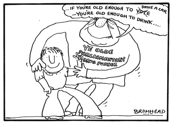 Bromhead, Peter, 1933- :Alcohol for the eighteen year olds ... The Auckland Star ... 3.11.[19]76.