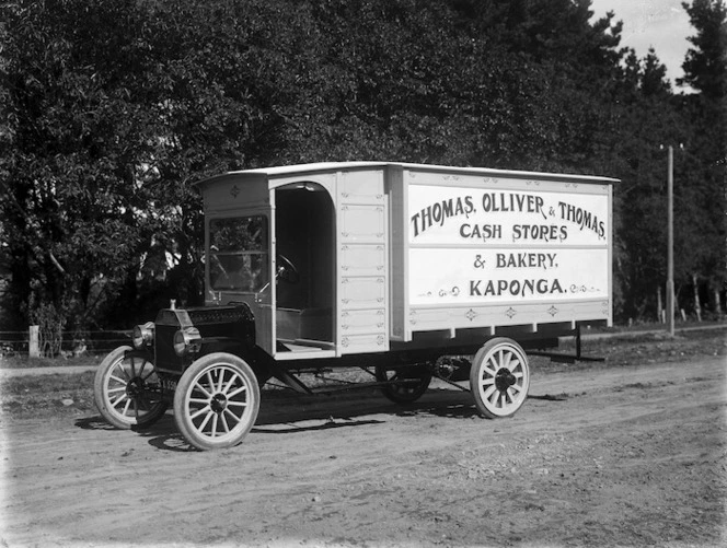 Model T Ford truck used by cash store owners and bakers Thomas, Olliver & Thomas of Kaponga