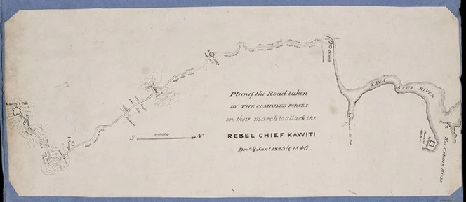 [Nops, John George, d 1847] :Plan of the road taken by the combined forces on their march to attack the rebel chief Kawiti, Decr & Jany 1845 & 1846. - Scale [ca. 1;63 360] - [ca 1846?]