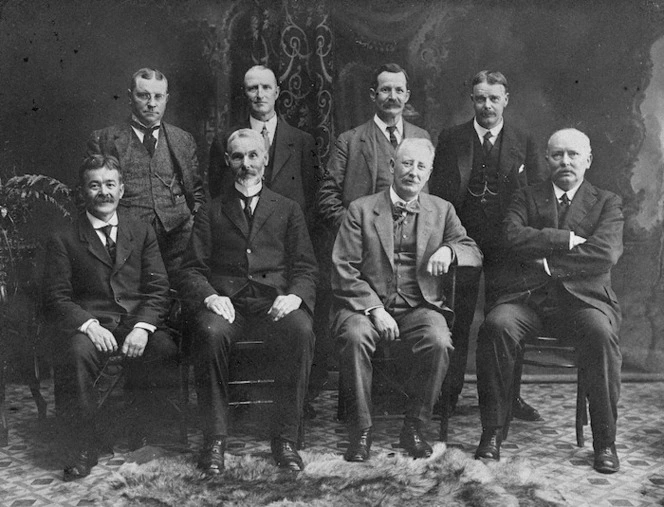 Photographer unknown: Group of 8 ex-pupils of Marist Brothers School, Boulcott Street, Wellington