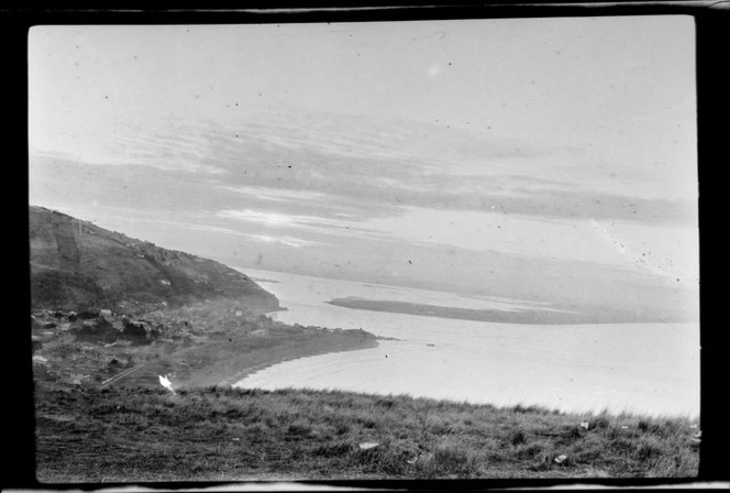 View from Scarborough hill to bay and coastal settlement, Sumner, Christchurch