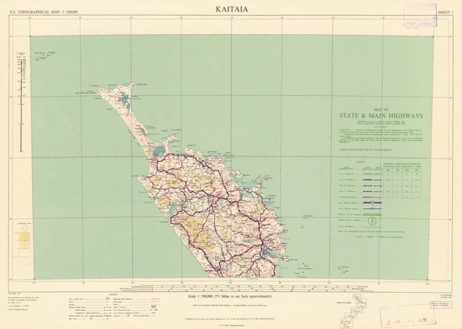 Map of state & main highways showing load classification under the Heavy Motor Vehicles Regulations 1950, as at 1/4/1953. Kaitaia [electronic resource].